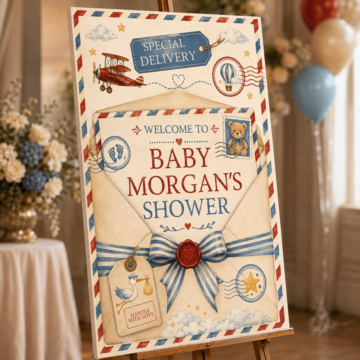 Retro Special Delivery Baby Shower Welcome Sign — print-ready baby shower design from VoltBy