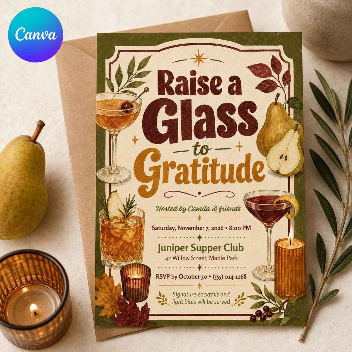 Retro Thanksgiving Cocktail Party Invitation — editable Canva template
