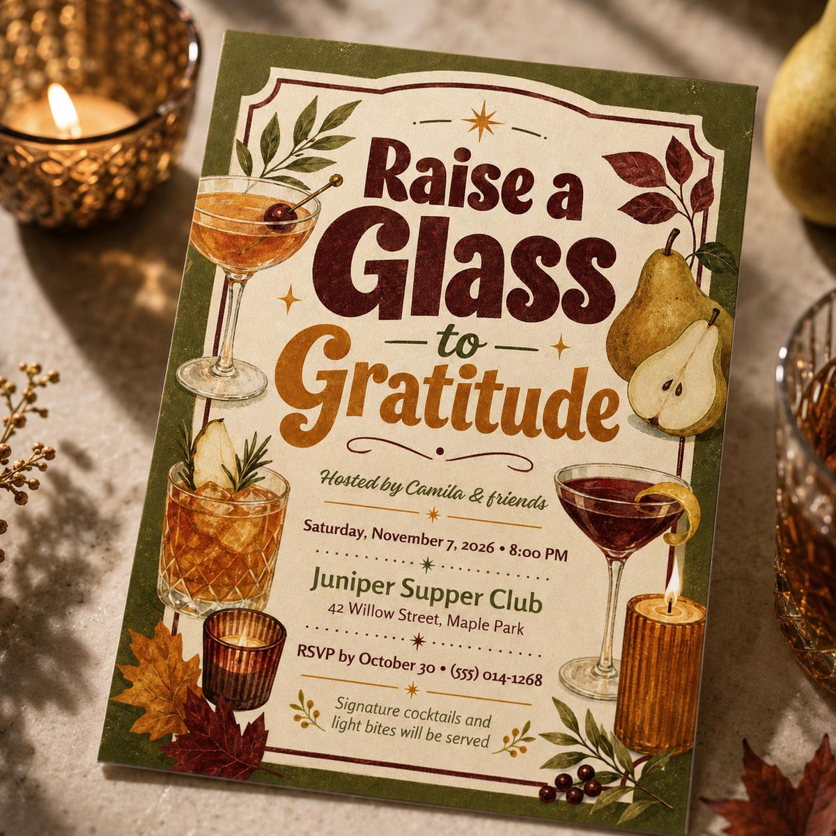 Retro Thanksgiving Cocktail Party Invitation — invitation you personalize in Canva