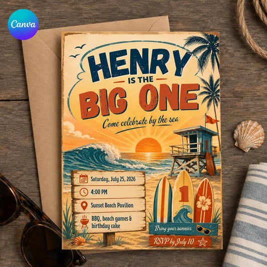 Retro The Big One First Birthday Invitation for Boys — editable Canva template
