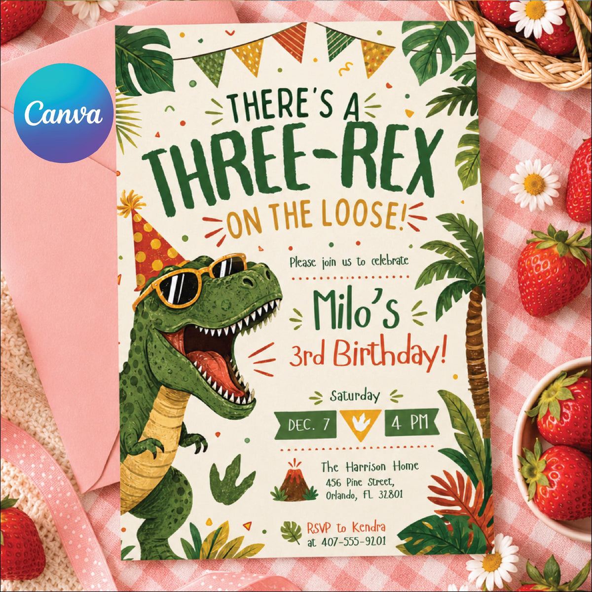 Retro Three Rex Dinosaur Birthday Invitation — editable Canva template