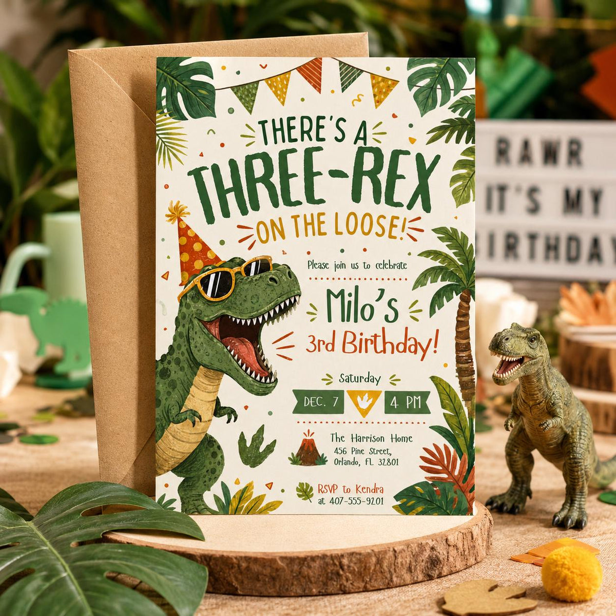 Retro Three Rex Dinosaur Birthday Invitation — invitation you personalize in Canva