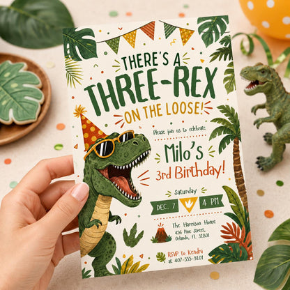 Retro Three Rex Dinosaur Birthday Invitation — print-ready 3rd birthday party design from VoltBy