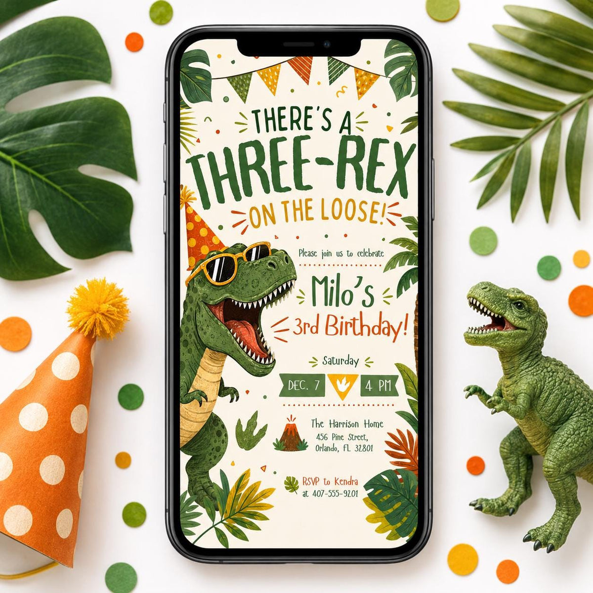 Retro Three Rex Dinosaur Birthday Invitation — digital invitation, instant download