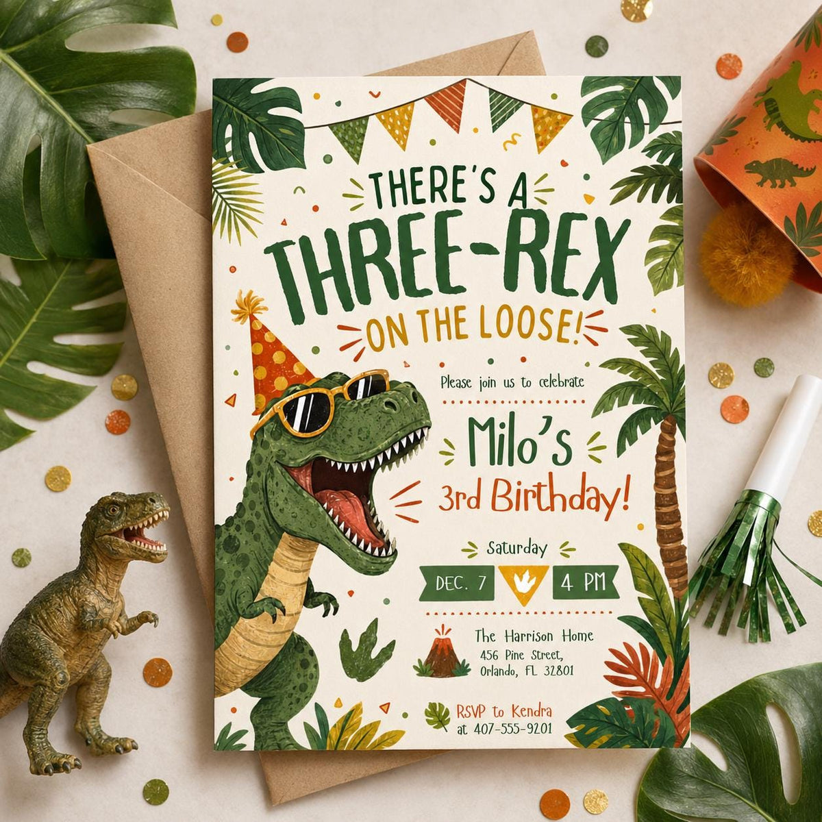 Retro Three Rex Dinosaur Birthday Invitation — 3rd birthday party stationery by VoltBy