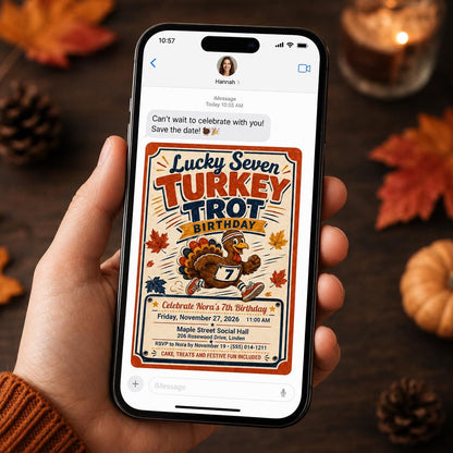Retro Turkey Trot 7th Birthday Invitation — invitation you personalize in Canva
