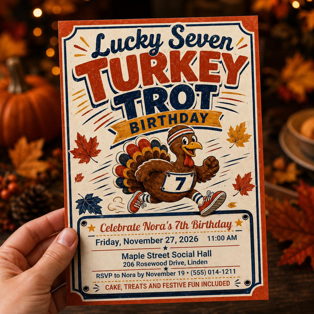 Retro Turkey Trot 7th Birthday Invitation — print-ready 7th birthday party design from VoltBy