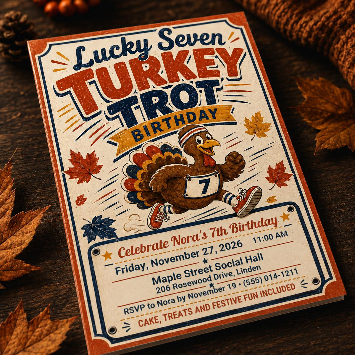 Retro Turkey Trot 7th Birthday Invitation — 7th birthday party stationery by VoltBy