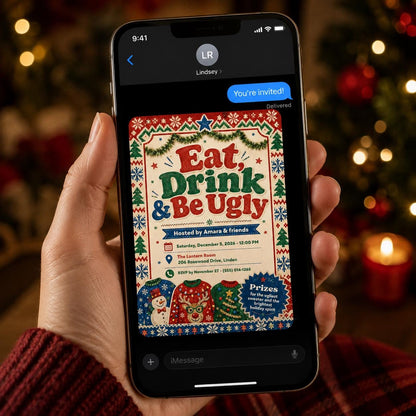 Retro Ugly Sweater Christmas Party Invitation — invitation you personalize in Canva