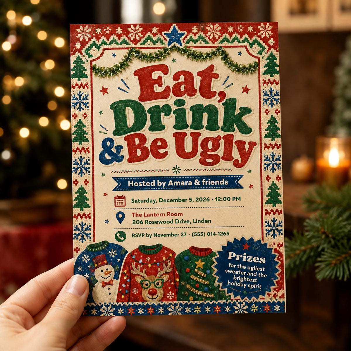 Retro Ugly Sweater Christmas Party Invitation — print-ready Christmas celebration design from VoltBy