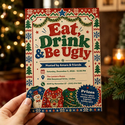 Retro Ugly Sweater Christmas Party Invitation — print-ready Christmas celebration design from VoltBy