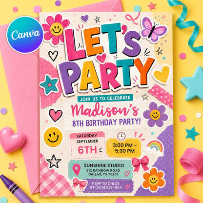 Retro Varsity Patch Smiley Birthday Invitation — editable Canva template