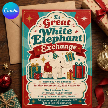 Retro White Elephant Exchange Invitation — editable Canva template