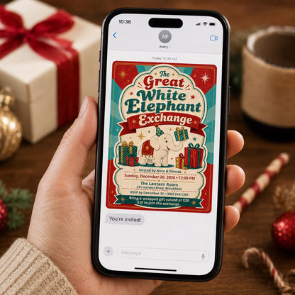 Retro White Elephant Exchange Invitation — invitation you personalize in Canva