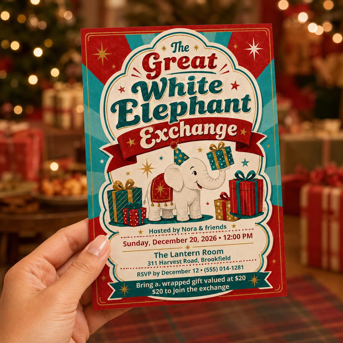 Retro White Elephant Exchange Invitation — print-ready Christmas celebration design from VoltBy