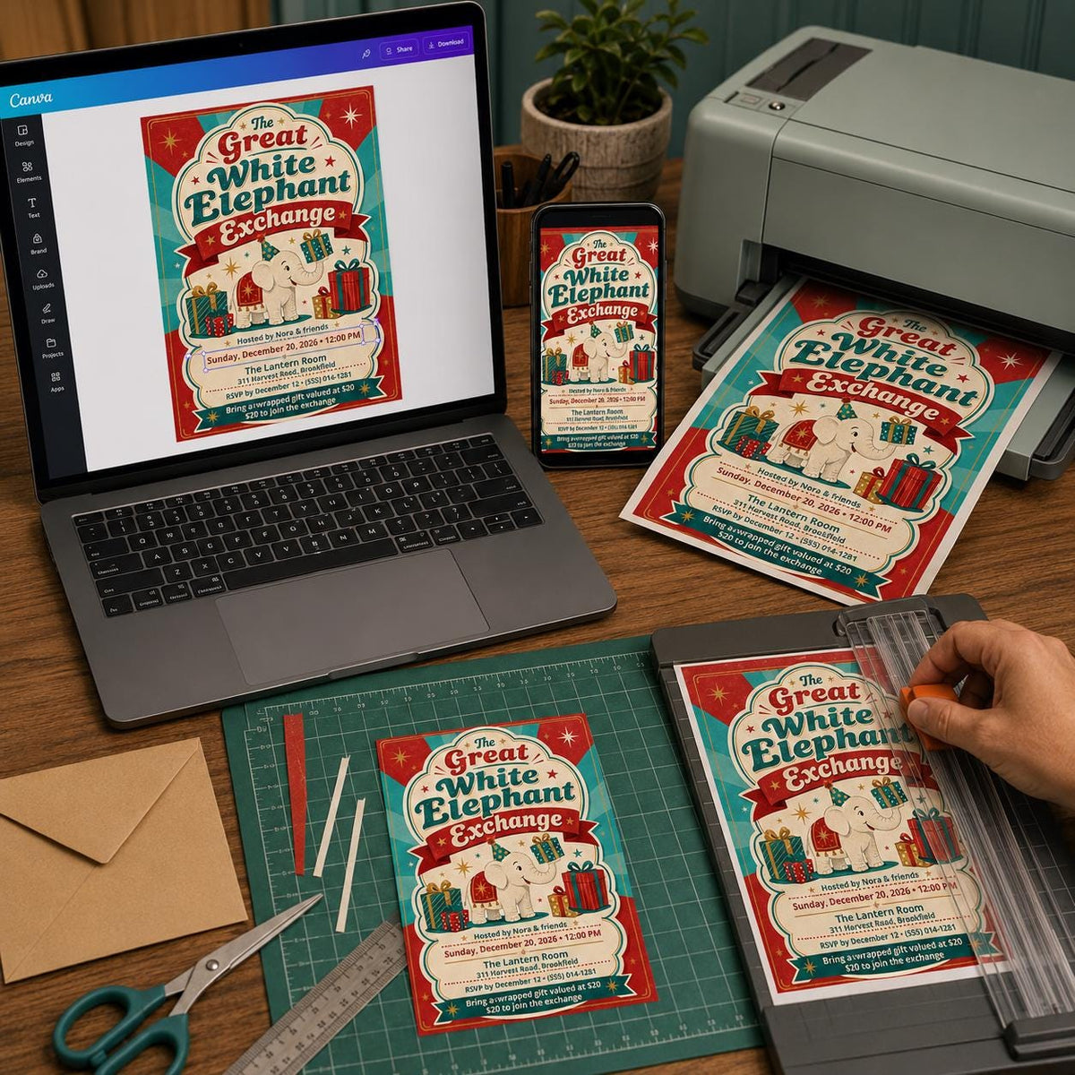 Retro White Elephant Exchange Invitation — digital invitation, instant download