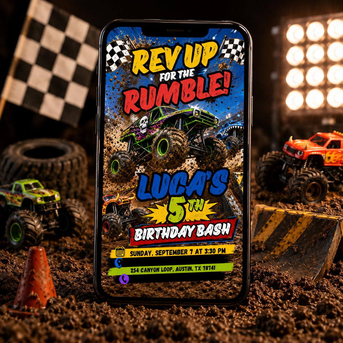 Rev Up for the Rumble Monster Truck 5th Birthday Invitation — invitation you personalize in Canva