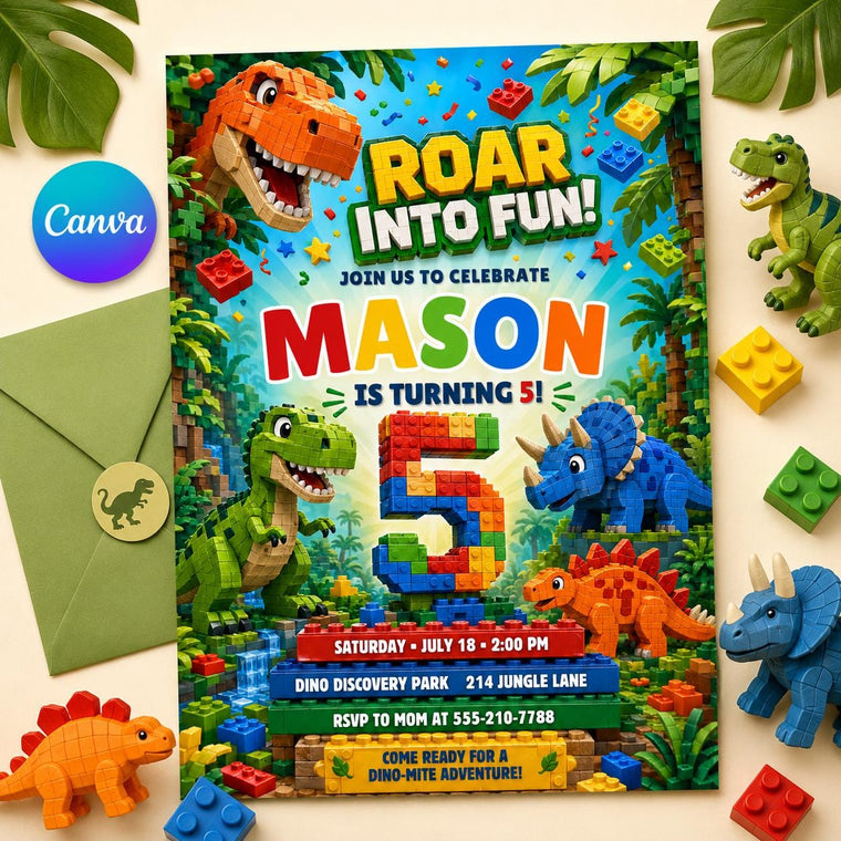 Roar Into Fun Dinosaur Block 5th Birthday Invitation