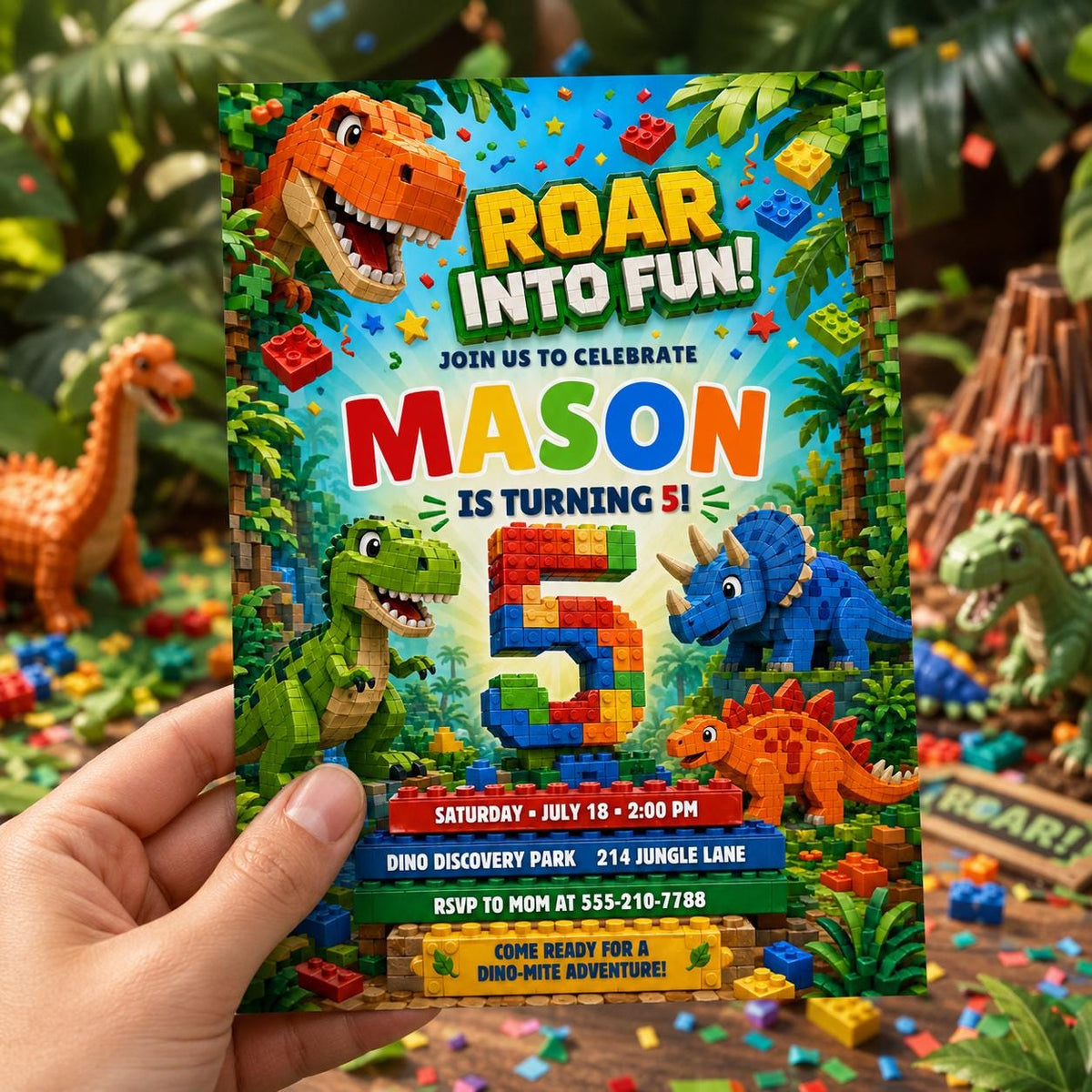Roar Into Fun Dinosaur Block 5th Birthday Invitation — building blocks and dinosaur design for a 5th birthday party