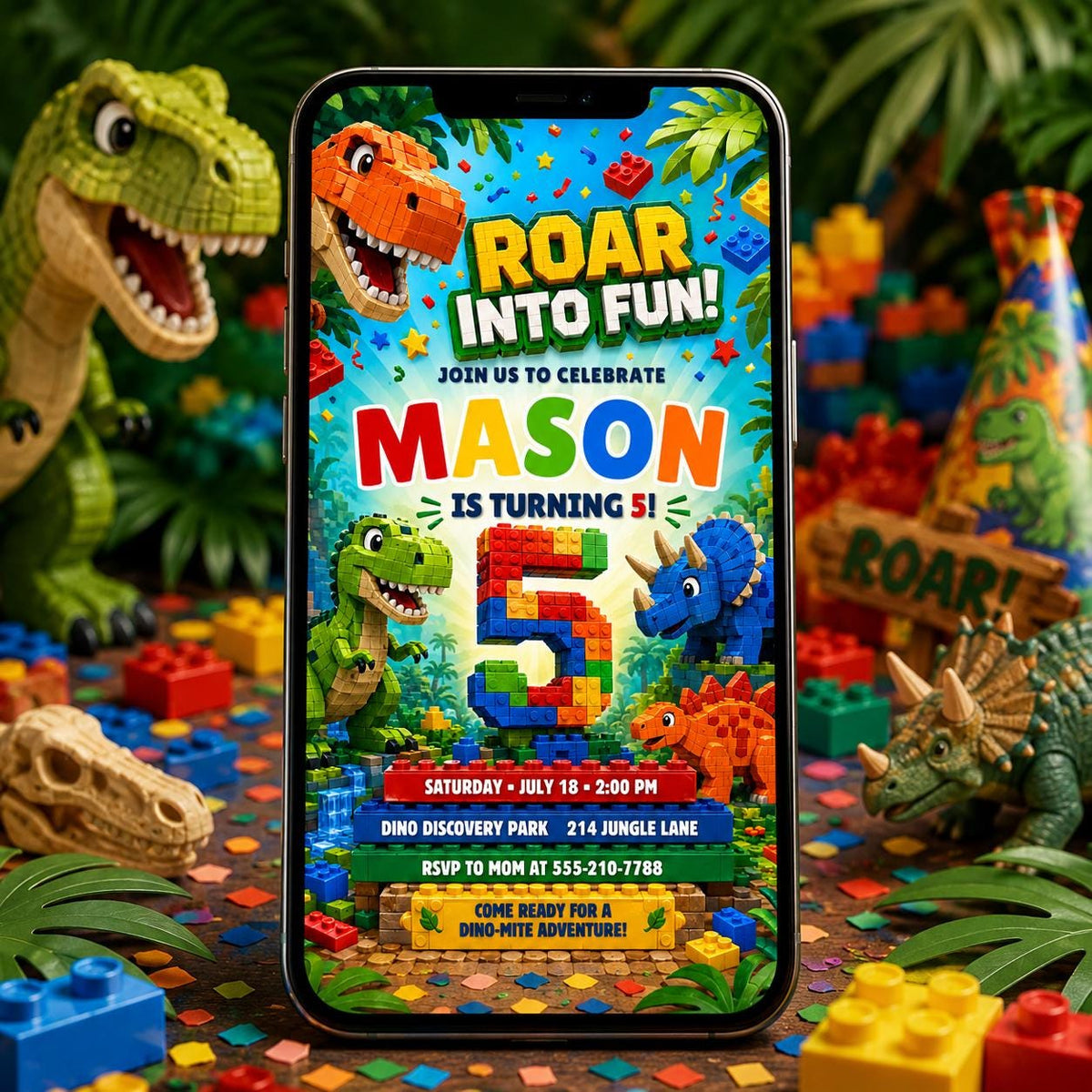 Roar Into Fun Dinosaur Block 5th Birthday Invitation in green and red