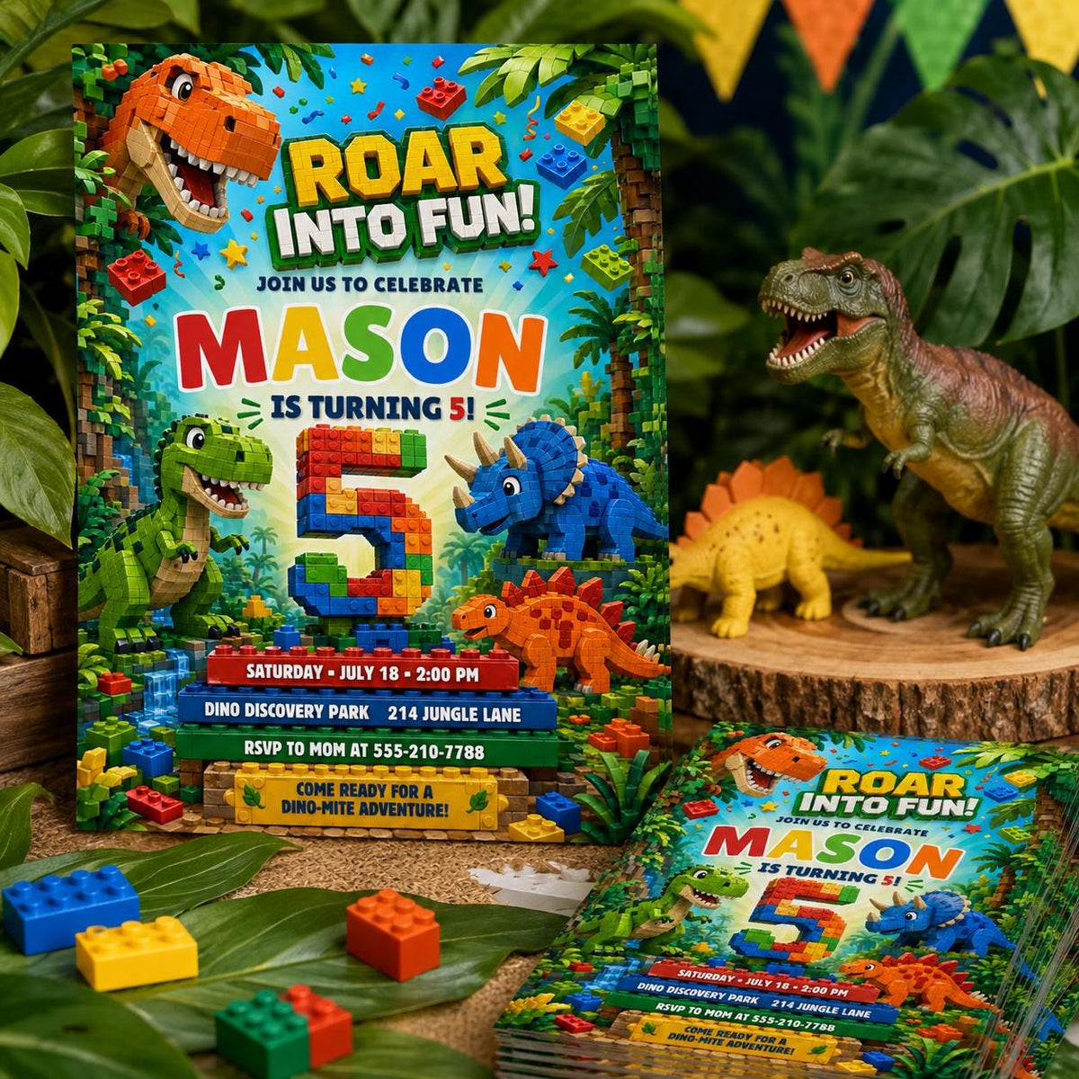 Roar Into Fun Dinosaur Block 5th Birthday Invitation — editable Canva template for a 5th birthday party