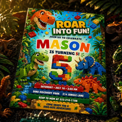 Roar Into Fun Dinosaur Block 5th Birthday Invitation — printable invitation from VoltBy