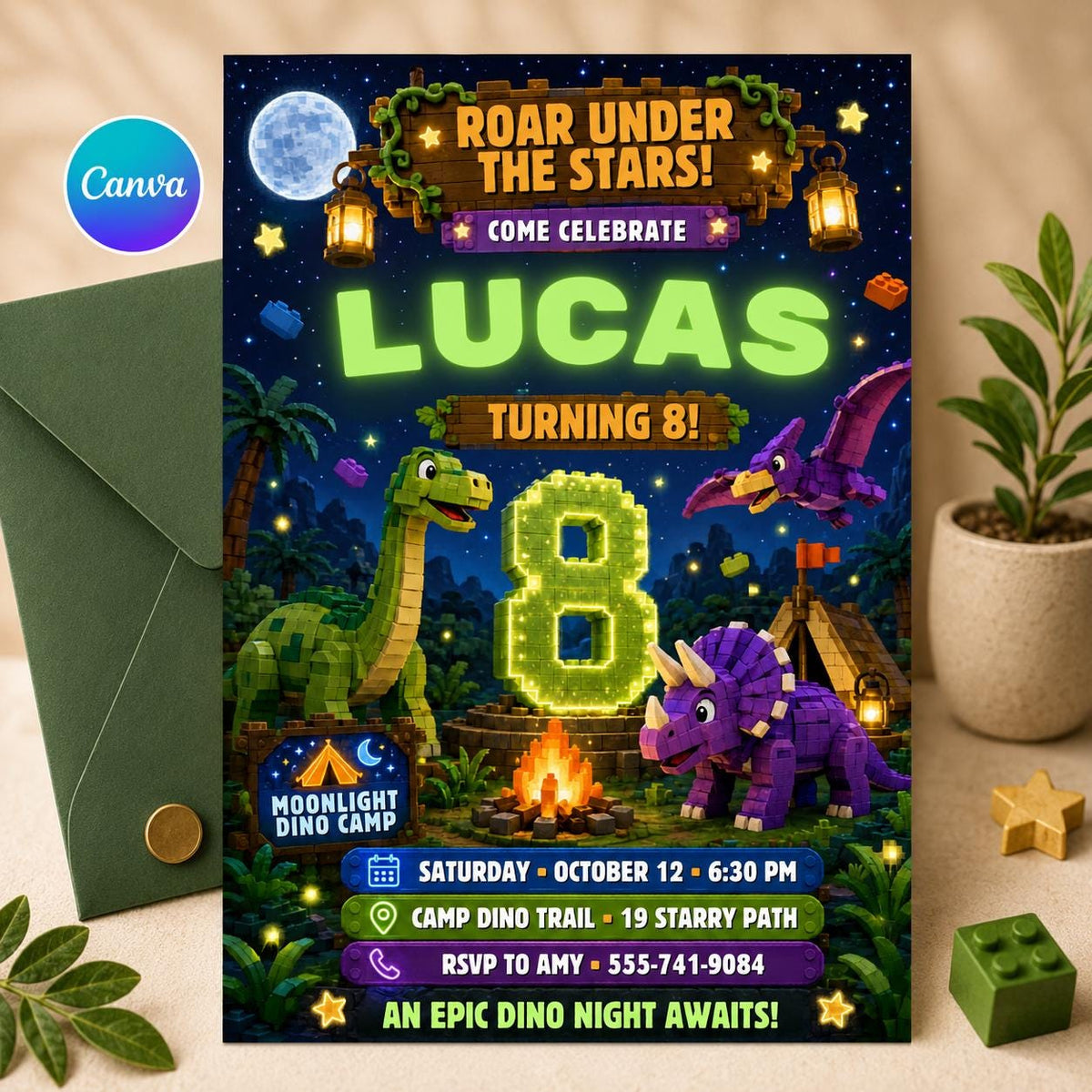 Roar Under the Stars Dinosaur Birthday Invitation for Boys — editable Canva template