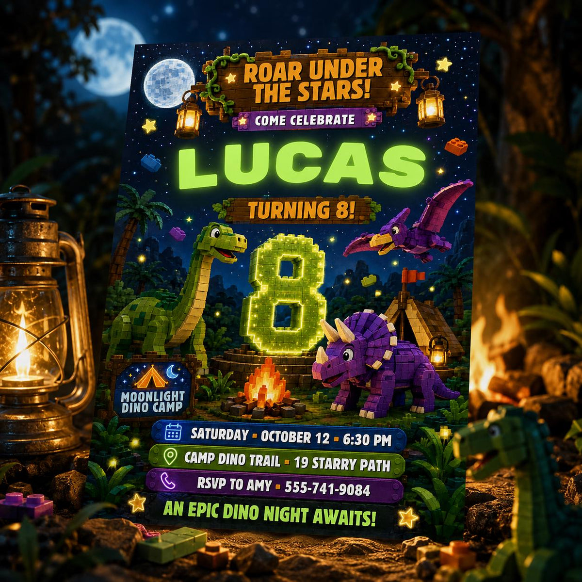 Roar Under the Stars Dinosaur Birthday Invitation for Boys — invitation you personalize in Canva