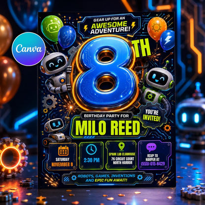 Robot 8th Birthday Invitation — editable Canva template