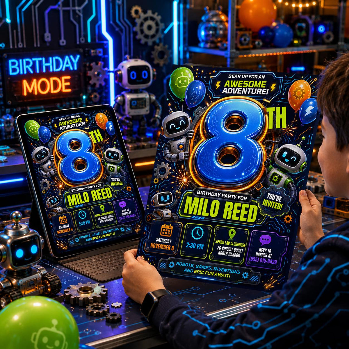 Robot 8th Birthday Invitation — invitation you personalize in Canva