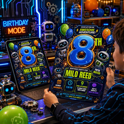 Robot 8th Birthday Invitation — invitation you personalize in Canva