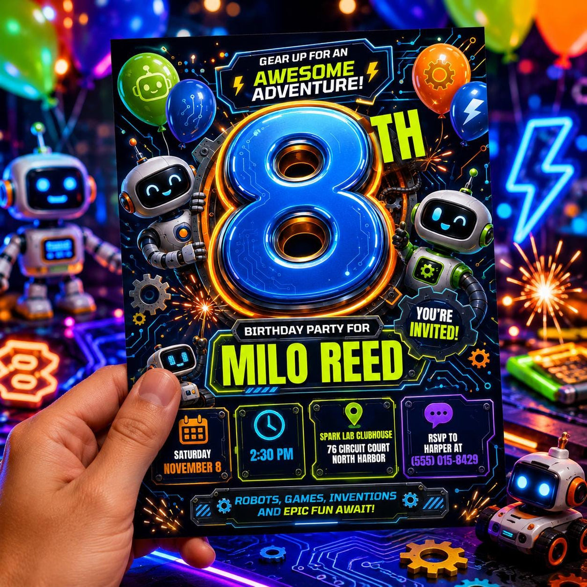 Robot 8th Birthday Invitation — digital invitation, instant download