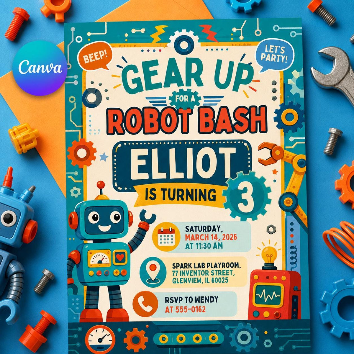 Robot Birthday Invitation — editable Canva template