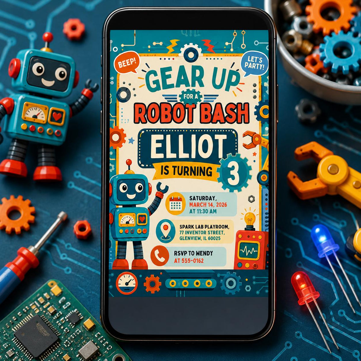 Robot Birthday Invitation — invitation you personalize in Canva