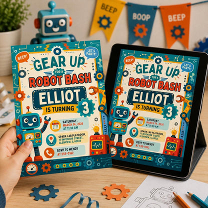 Robot Birthday Invitation — print-ready birthday party design from VoltBy