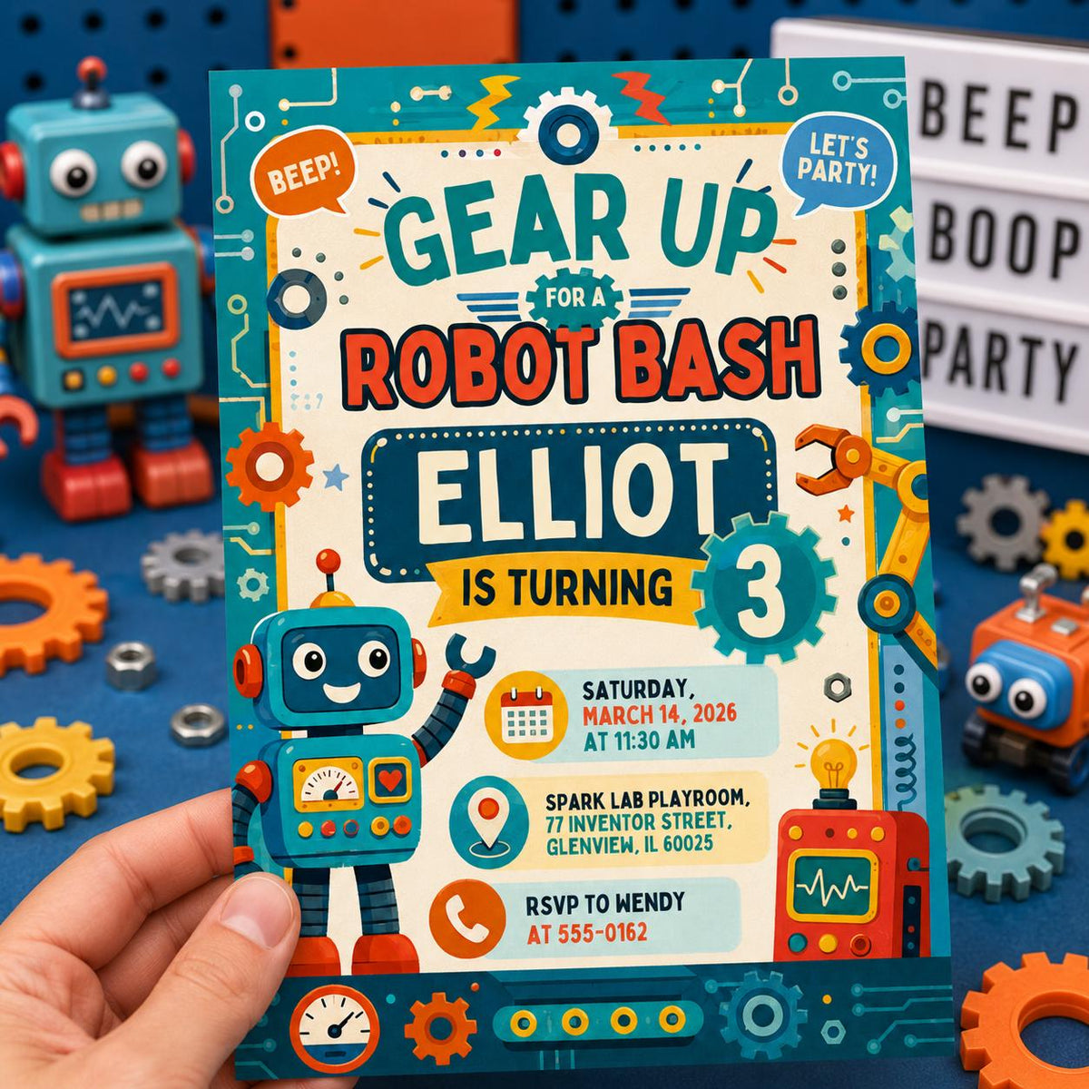Robot Birthday Invitation — birthday party stationery by VoltBy