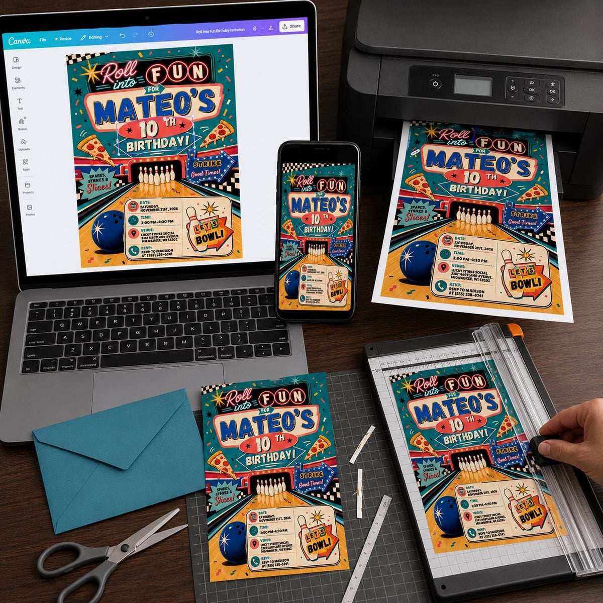 Roll into Fun Bowling and Pizza 10th Birthday Invitation — checkered 10th birthday party design