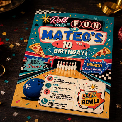 Roll into Fun Bowling and Pizza 10th Birthday Invitation — print-ready 10th birthday party design from VoltBy