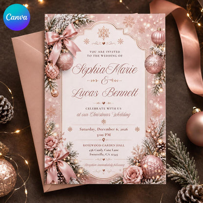 Rose Gold Elegant Pink Christmas Wedding Invitation — editable Canva template