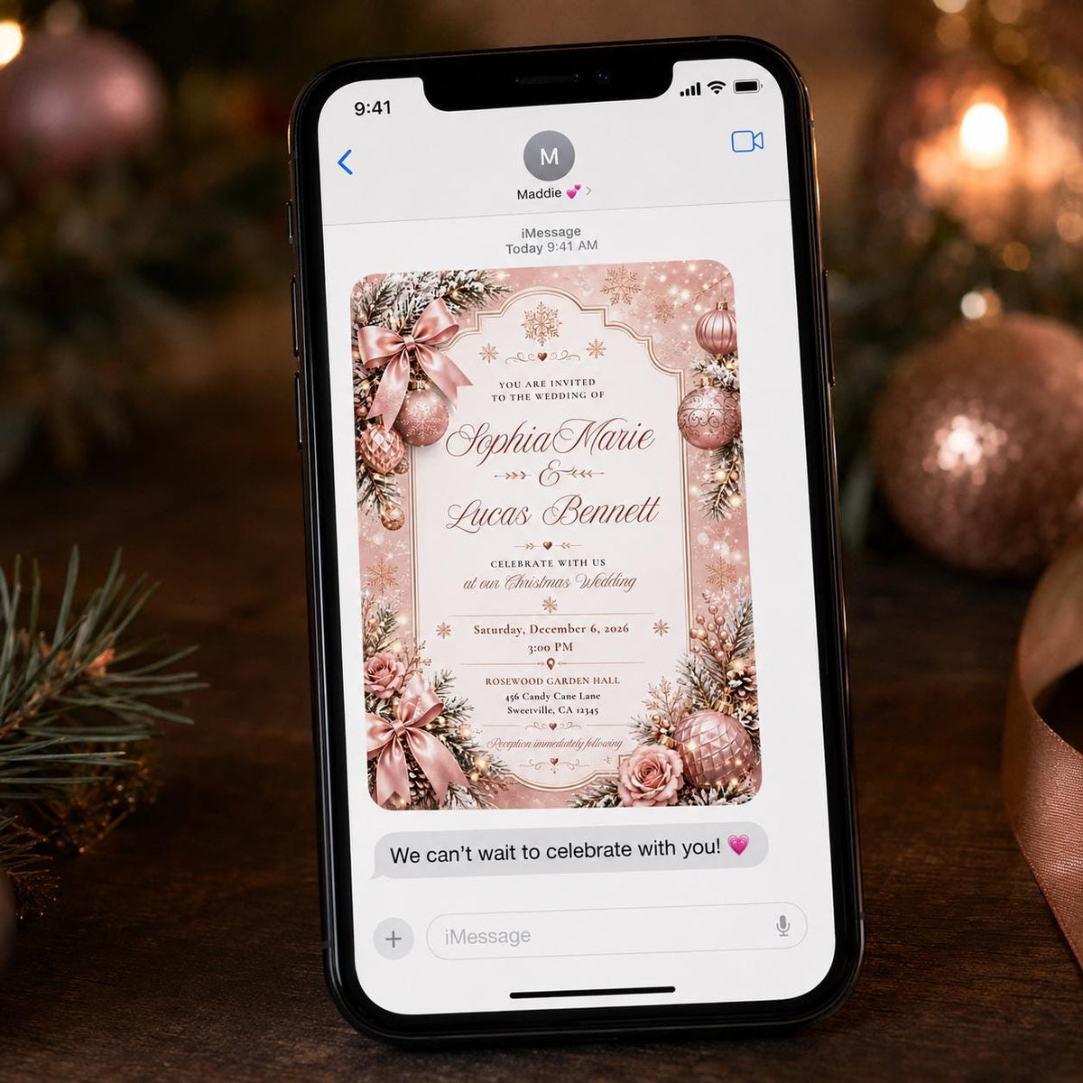 Rose Gold Elegant Pink Christmas Wedding Invitation — snowflake design