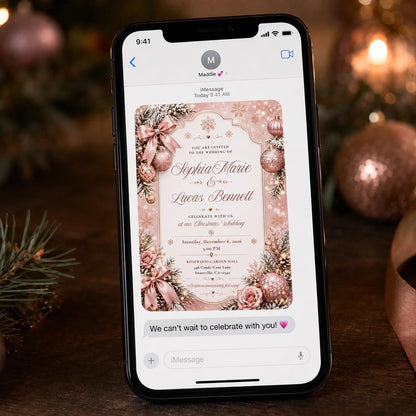Rose Gold Elegant Pink Christmas Wedding Invitation — snowflake design