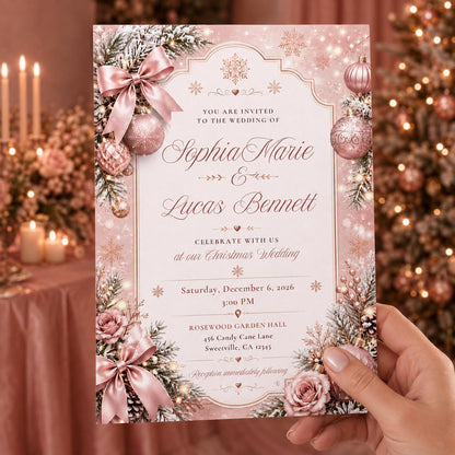 Rose Gold Elegant Pink Christmas Wedding Invitation — invitation you personalize in Canva