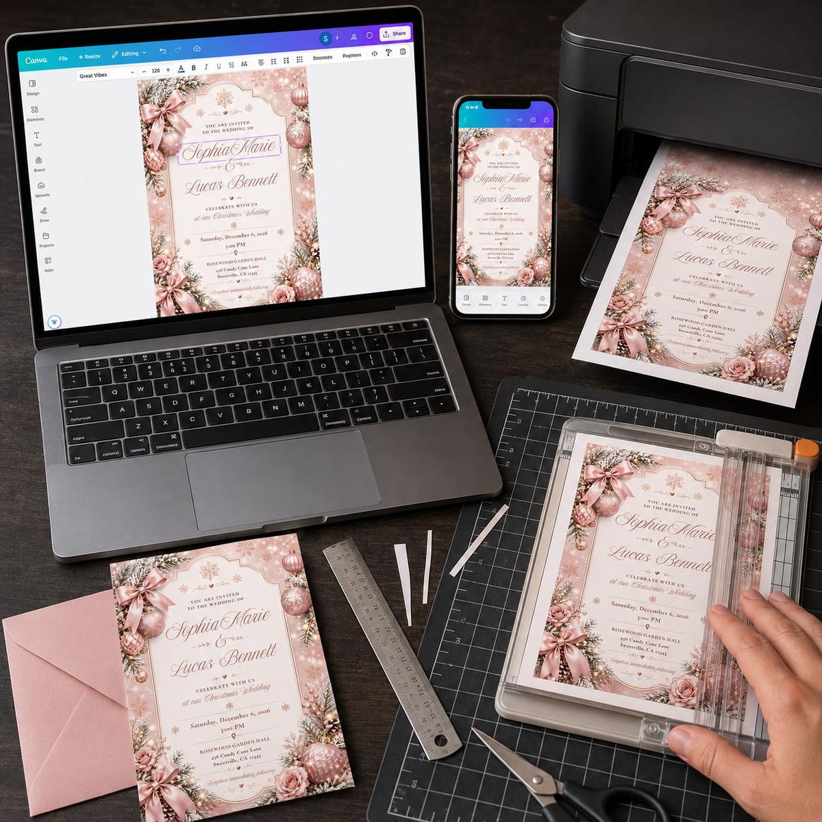Rose Gold Elegant Pink Christmas Wedding Invitation — print-ready wedding design from VoltBy