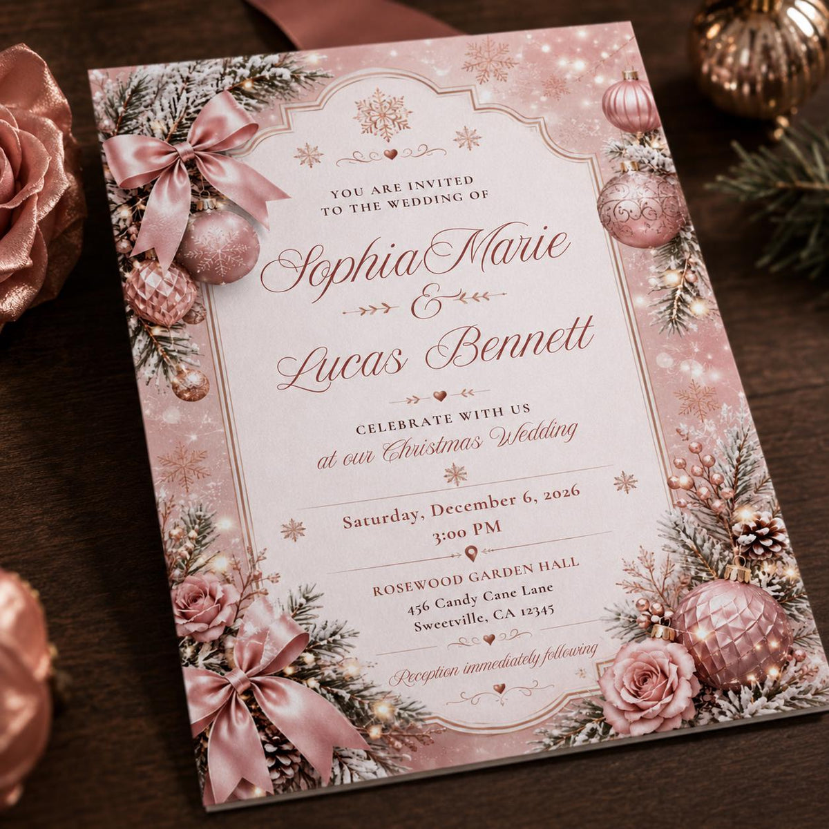 Rose Gold Elegant Pink Christmas Wedding Invitation — digital invitation, instant download