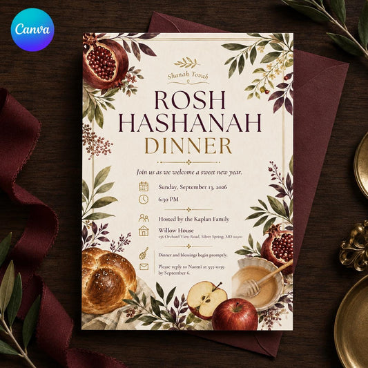 Rosh Hashanah Dinner Invitation with Pomegranate and Honey — editable Canva template