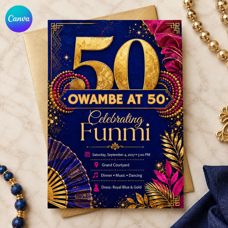 Royal Blue and Gold 50th Birthday Invitation