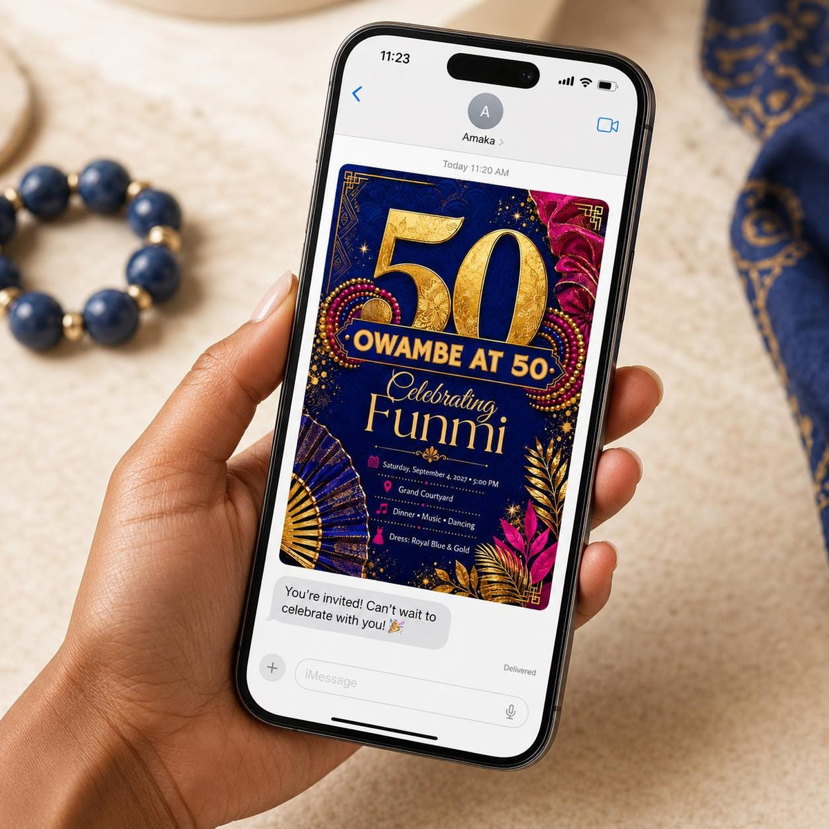 Royal Blue and Gold 50th Birthday Invitation — invitation you personalize in Canva