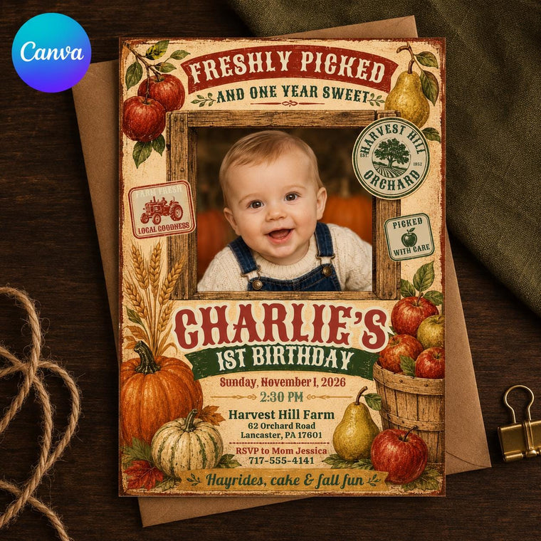 Rustic 1st Birthday Apple Orchard Invitation for Boys