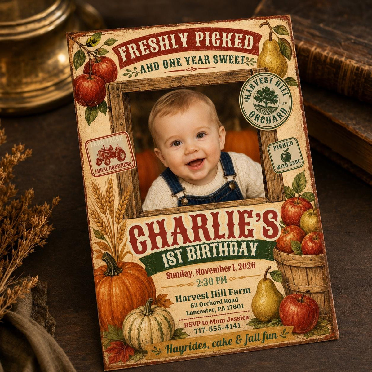 Rustic 1st Birthday Apple Orchard Invitation for Boys — invitation you personalize in Canva