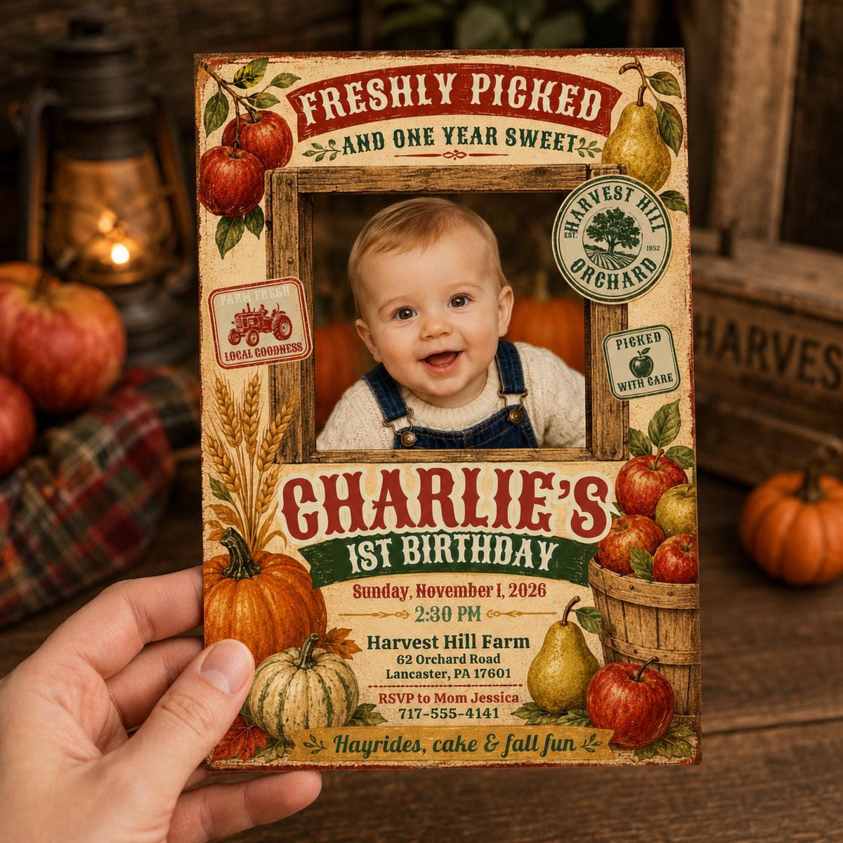 Rustic 1st Birthday Apple Orchard Invitation for Boys — print-ready first birthday design from VoltBy